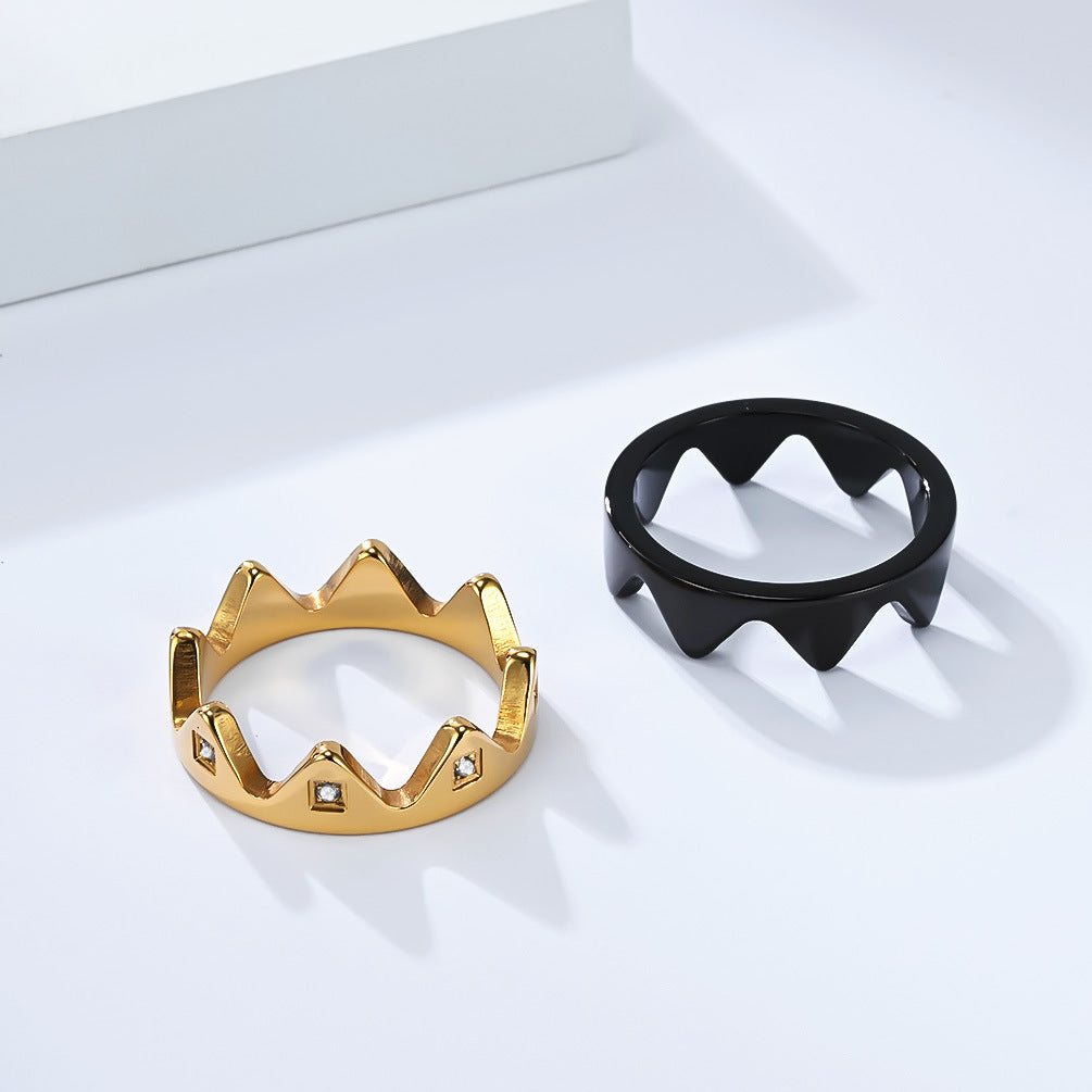 Planderful Personalized Crown Zircon Inlaid Titanium Steel Couple Ring For Him And Her