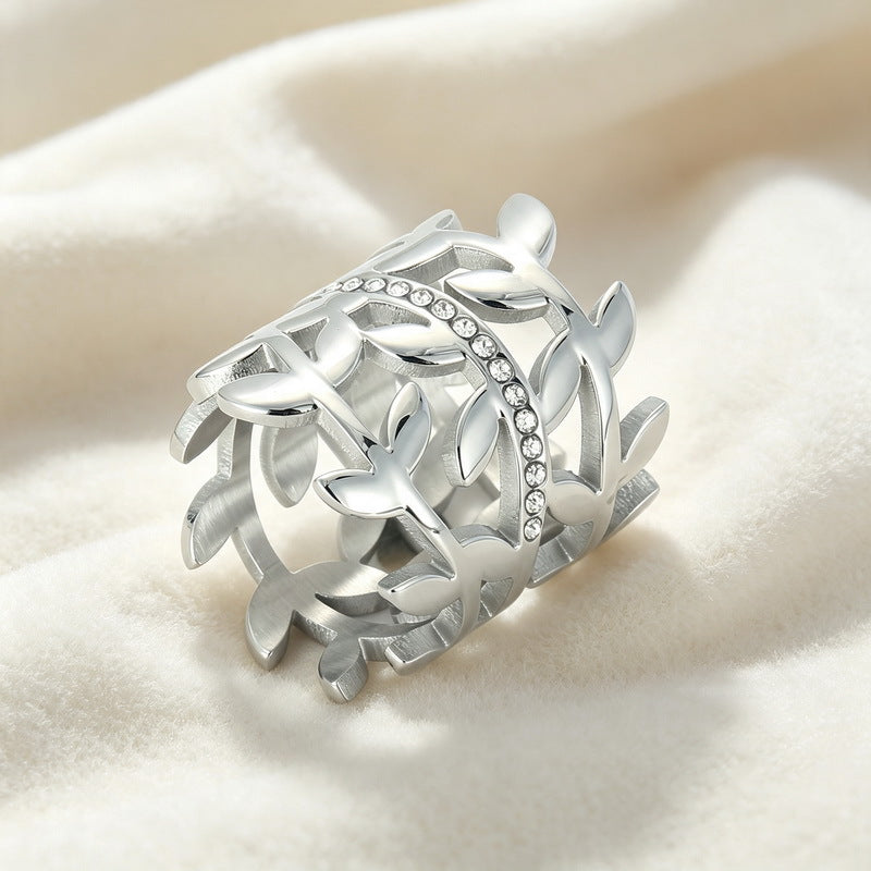 Hollow Olive Branch Inlaid Zircon Titanium Steel Ring 26mm Wide