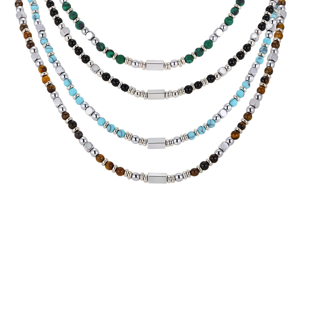 Alloy Square Malachite Obsidian Turquoise Beaded Layered Men's Hip Hop Necklace