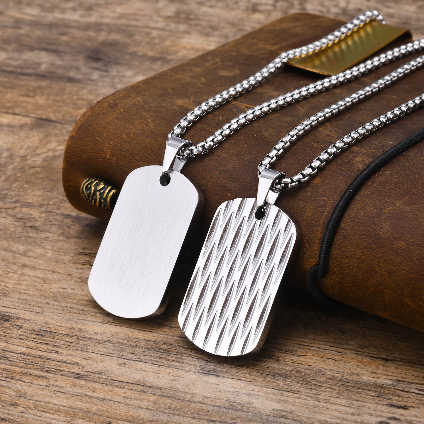 European And American Accessories Stainless Steel Water Ripple Tag Geometric Square Pendant Necklace Jewelry For Men