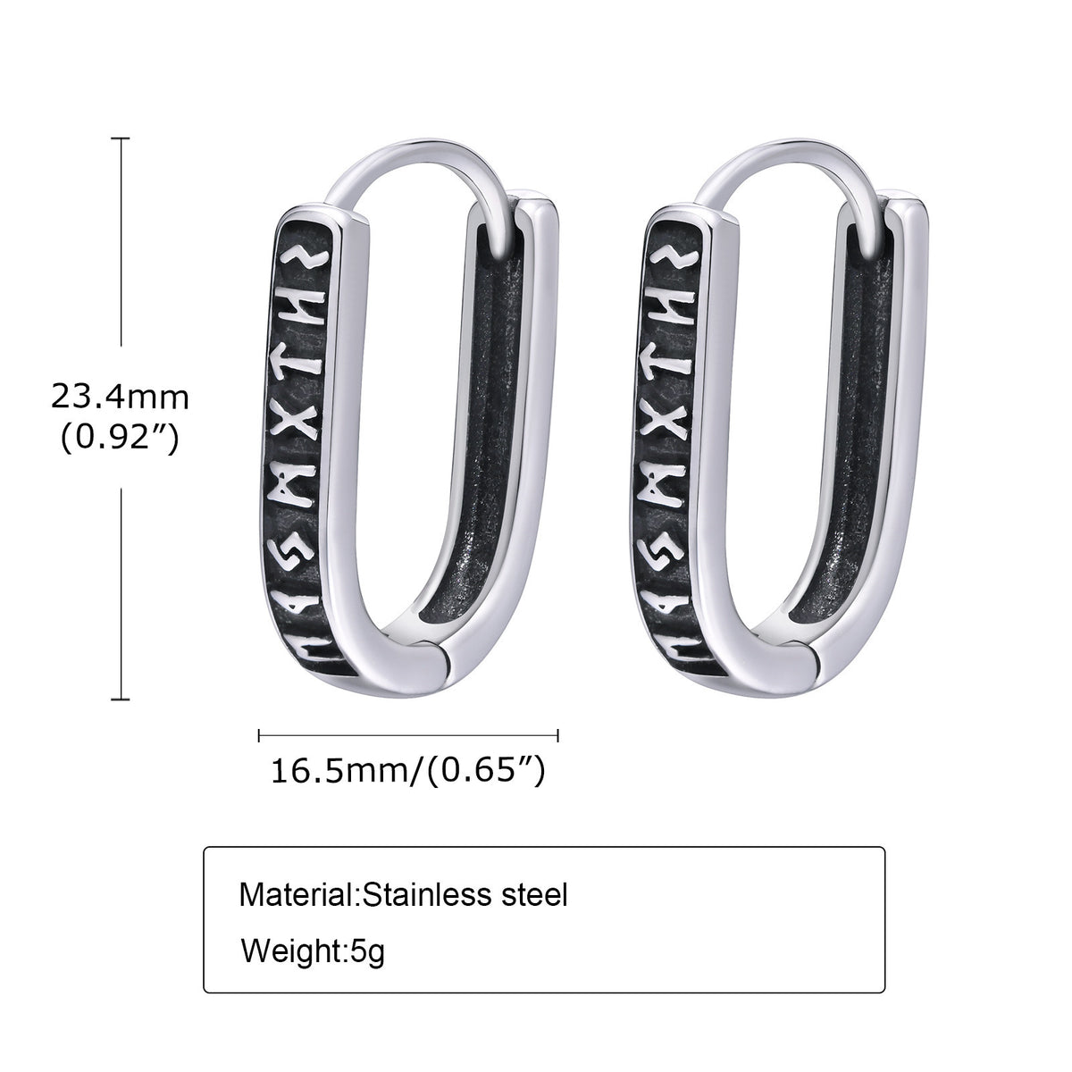 Norse Rune Rectangular Hoop Earrings — Silver Pair