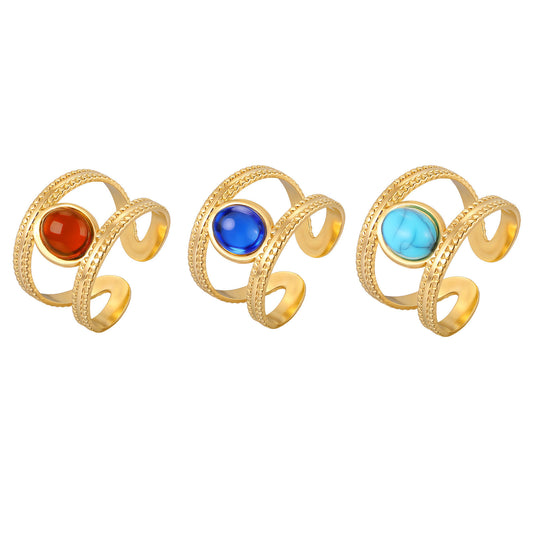 Stainless Steel French Color Amber Stone Double Open Ring