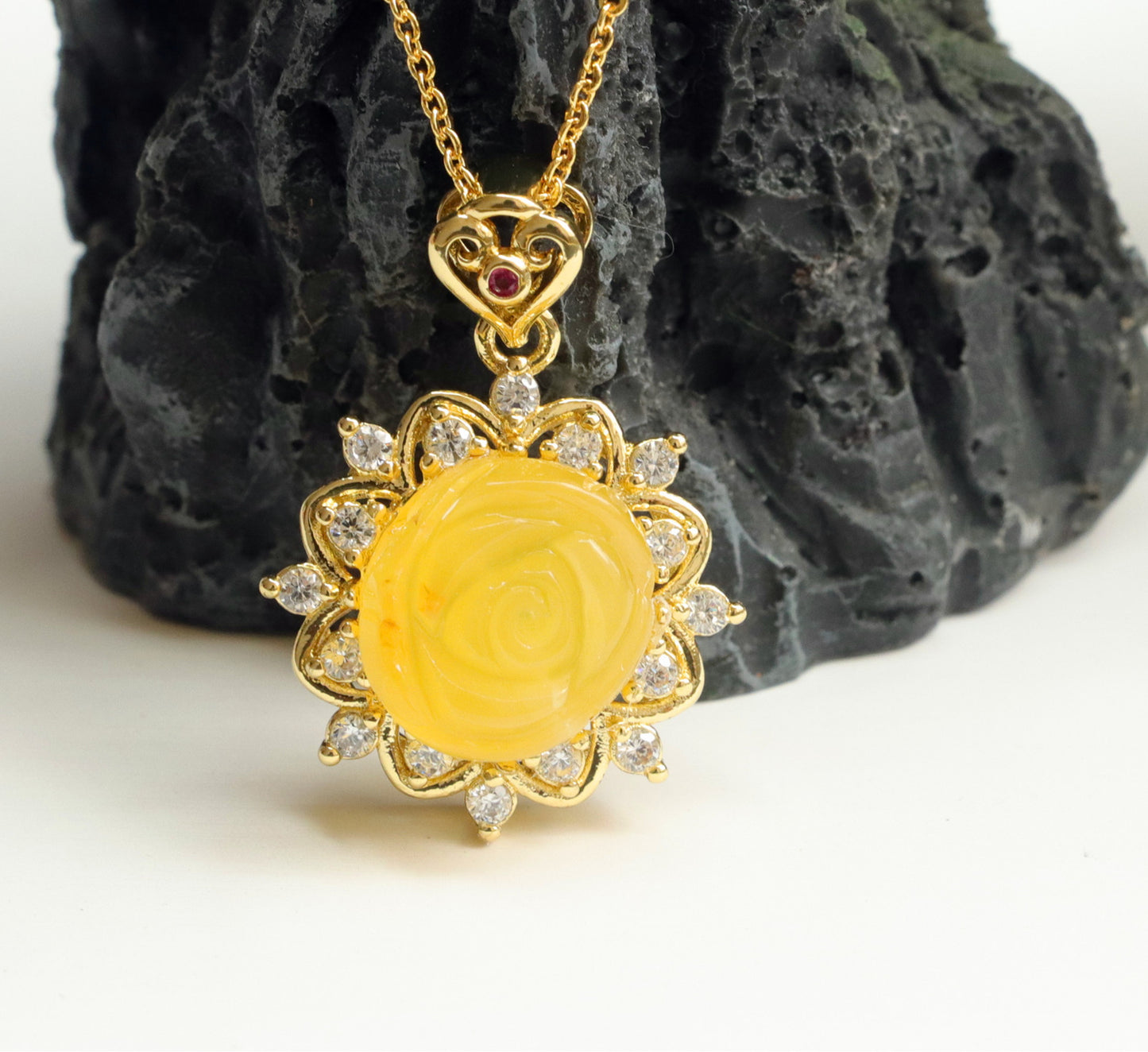 Amber Rose Necklace with Amber Beeswax Pendant and Zircon Flower Jewelry