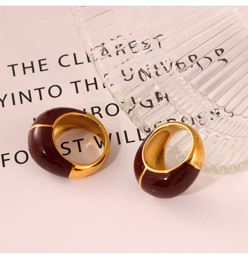 Golden Geometric Design Titanium Steel Ring with Dripping Oil Detail