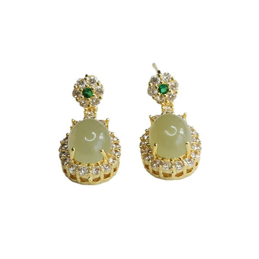 Natural Hotan Jade Earrings Oval Jade Zircon Earrings Jewelry