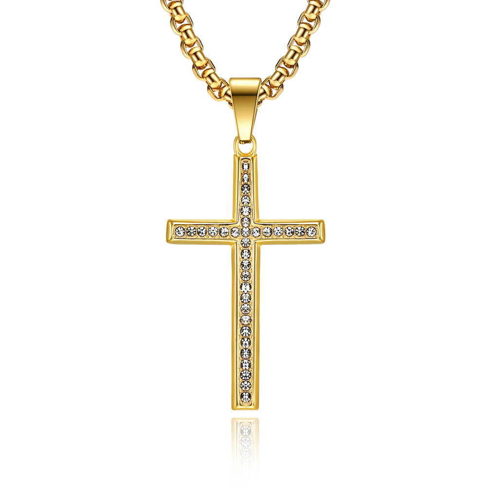 Planderful Zircon Cross Necklace Titanium Steel Beveled Pendant For Hip Hop Fans