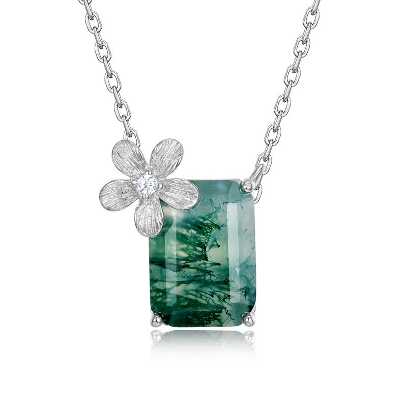 S925 Sterling Silver Moss Agate Flower Necklace