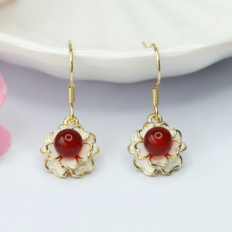 Pigeon Blood Red Agate Earrings with Camellia Flower Ear Hooks
