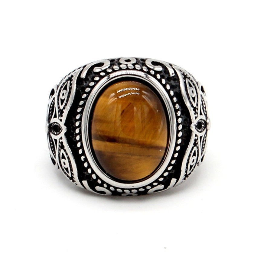Planderful Tiger Eye Ring Titanium Steel For Unisex Fashion Lovers Retro Protective Statement Jewelry