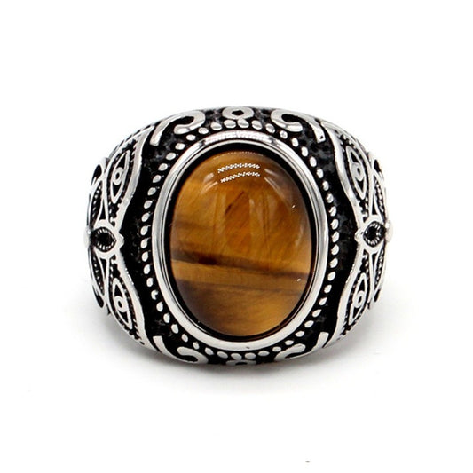 Planderful Tiger Eye Ring Titanium Steel For Unisex Fashion Lovers Retro Protective Statement Jewelry