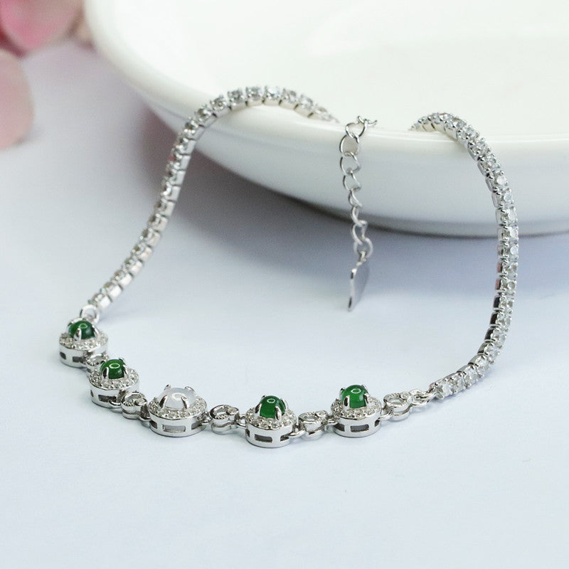 Green Jadeite Ice-White Cabochon Bracelet