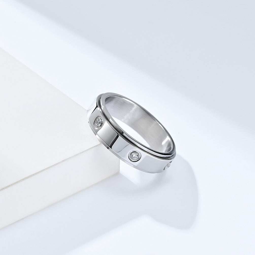 Planderful Zircon Inlaid Titanium Steel Rotating Ring For Men And Women Light Luxury Anxiety Relief Jewelry