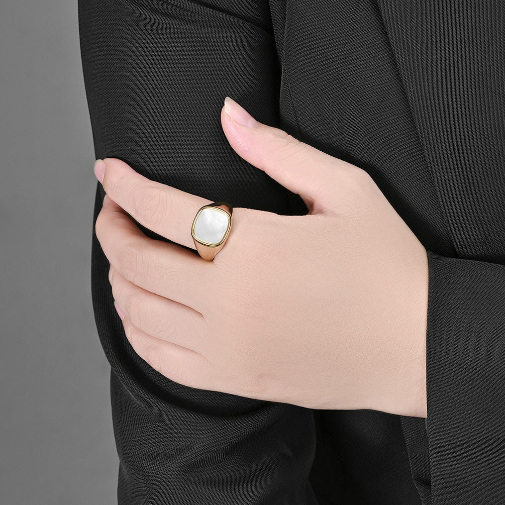 Planderful Titanium Steel Ring Unisex Square Seal With Shell Inlay Light Luxury Fashion Jewelry
