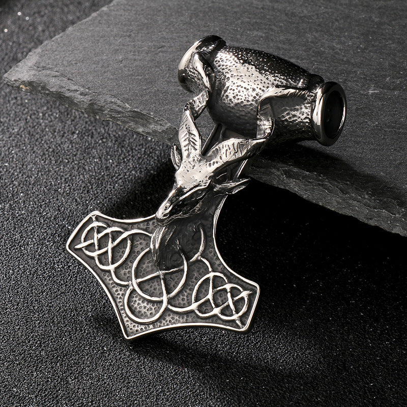 Retro Animal Pendant, Nordic Viking Wolf Head, Lion Head, Goat, Thor'S Hammer, Titanium Necklace