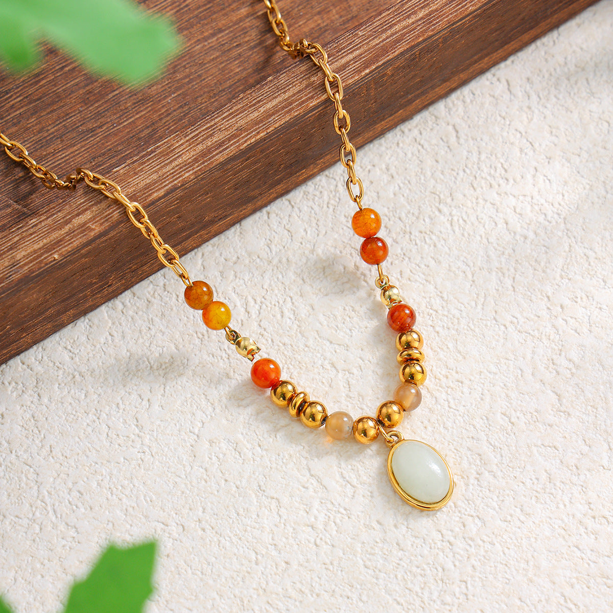 Vacation Gravel Pendant Beaded Collarbone Chain Retro Colored Gemstone Stainless Steel Neck Necklace
