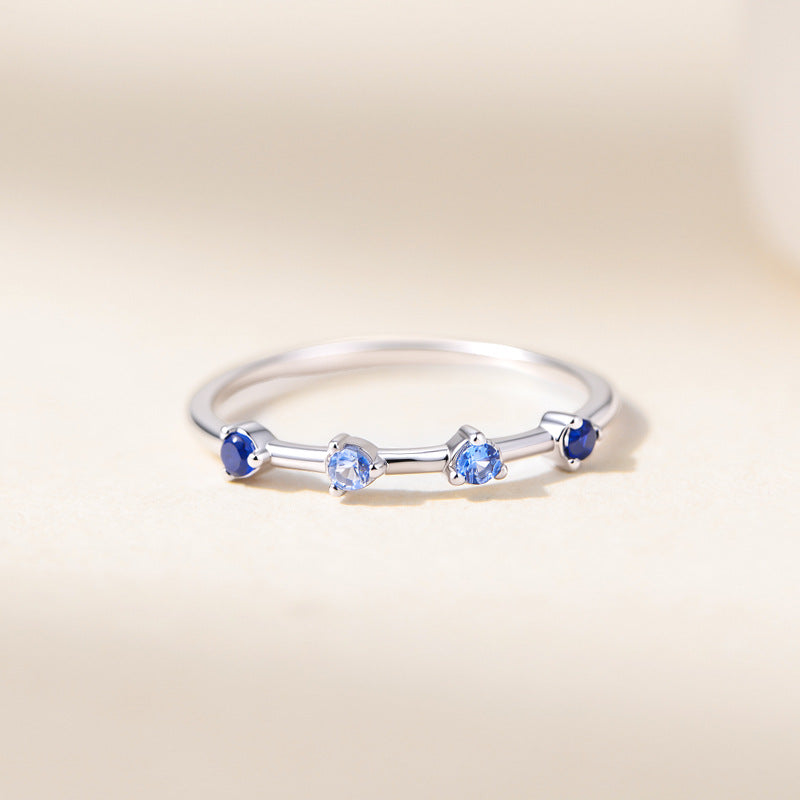 Exquisite, Small, Fresh, Gradual Change, Blue Zircon Sterling Silver Ring, Luxury Stacking Thin