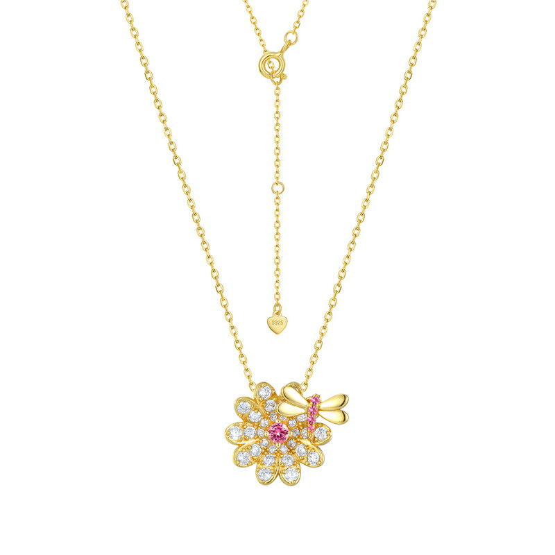 Pink and White Zircon Dragonfly Flower Pendant Sterling Silver Necklace