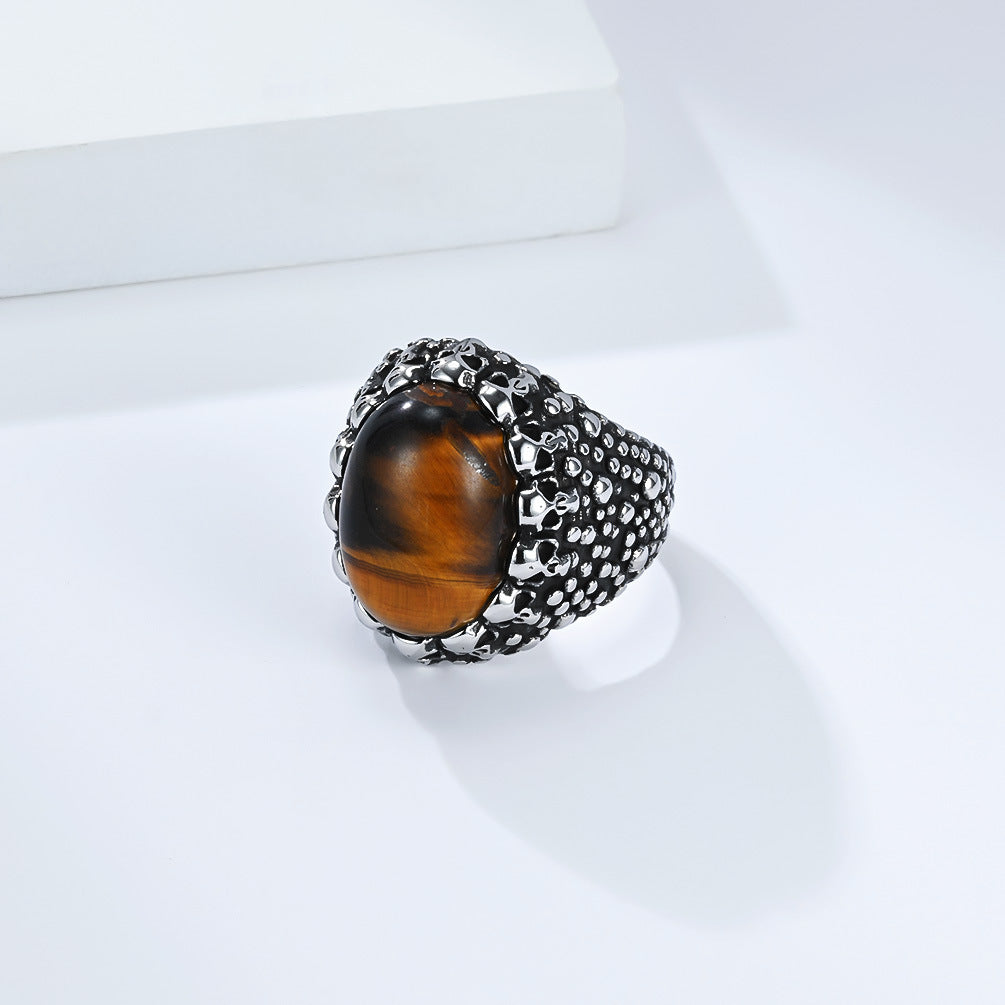 Planderful Everyday Genie Skull Ring With Tiger Eye Stone Titanium Steel Unisex Streetwear Protection