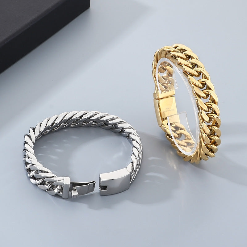 Glossy – 15mm Double Woven Four-Sided Grinding Cuban Chain Titanium Steel Men's Casting Bracelet