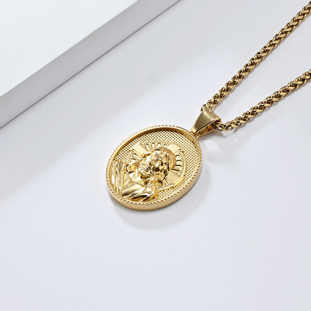 Virgin Mary Titanium Steel Necklace Round Tag Pendant for Men