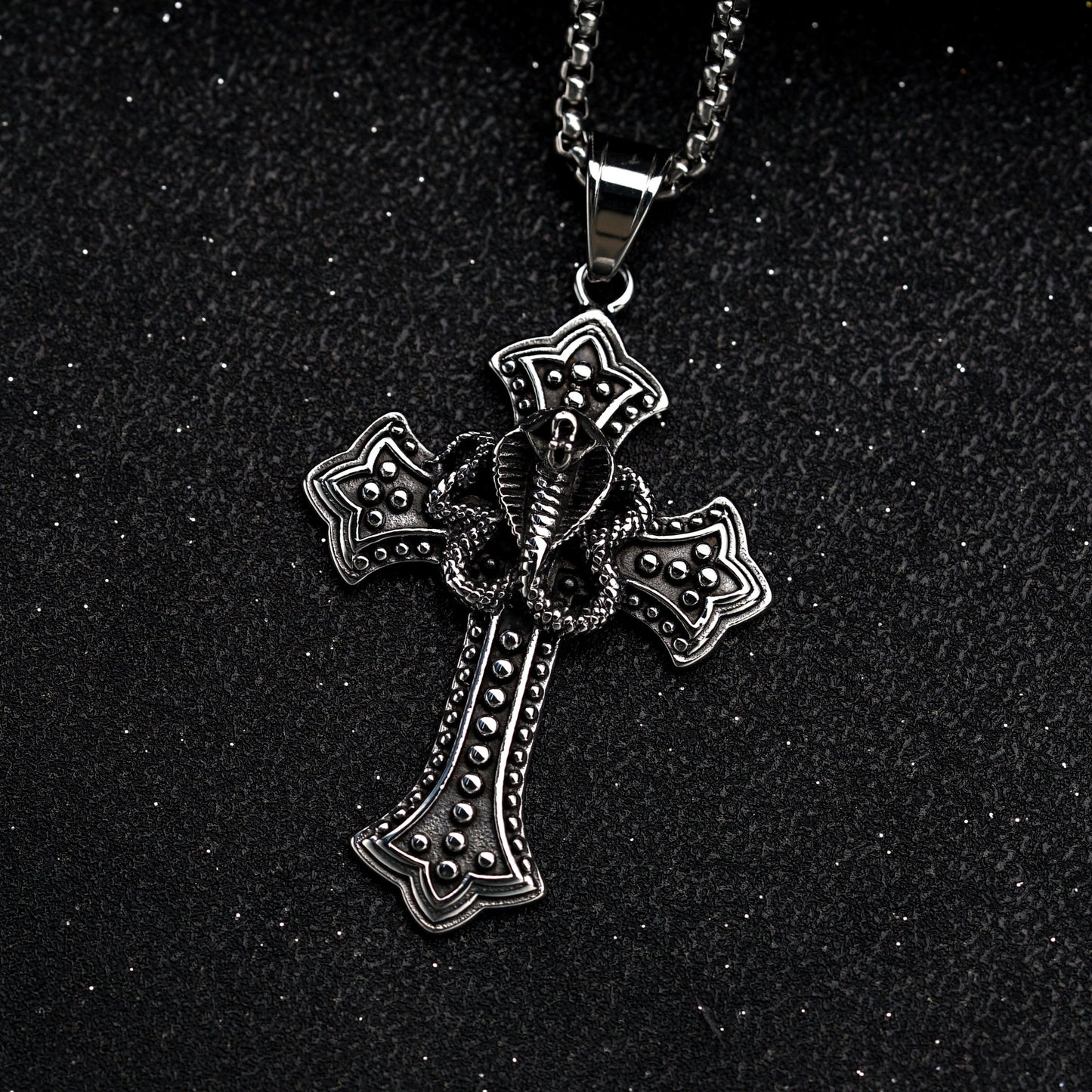 Steel Necklace - Vintage Cross Engraved Cobra Pendant