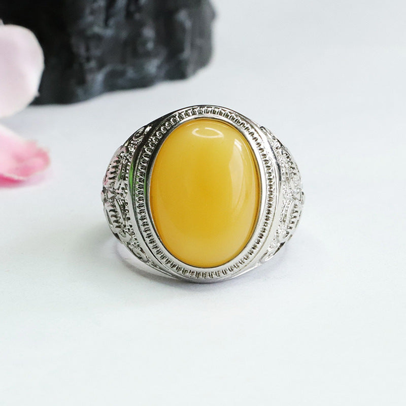 Amber Beeswax Oval Ring with Wide Retro Design