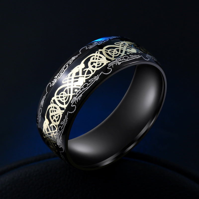 Trendy Black Edge Gold Dragon Titanium Steel Ring for Men and Women - Korean Fashion Jewelry Wholesale