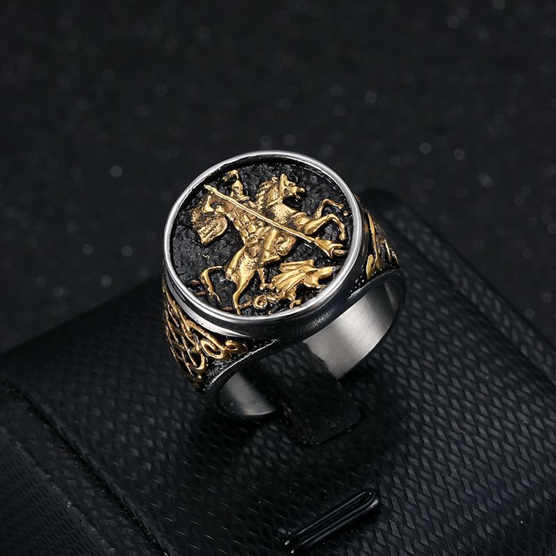 Planderful Mens St George Dragon Knight Ring Gold Plated Titanium Stainless Steel Sizes 7 13 Durable
