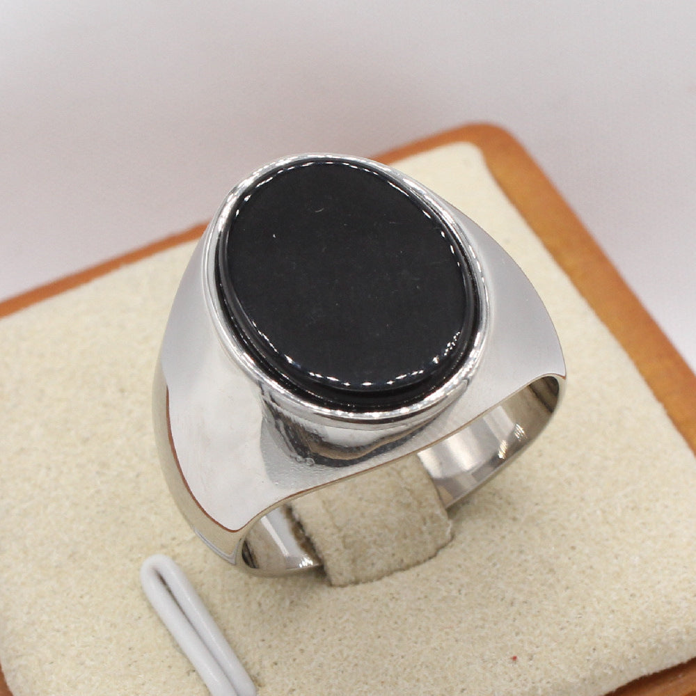 Planderful Titanium Steel Ring Oval Black Stone For Men Unisex Protection Statement