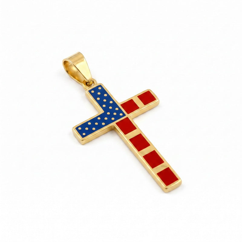 European, American Hip-Hop American Star-Spangled Banner Cross Dripping Oil Vacuum Plating Stainless Steel Necklace