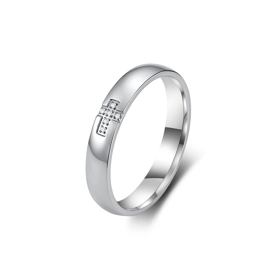 Stainless Steel Gold-Plated Zircon Cross Ring Unisex Couple Wedding