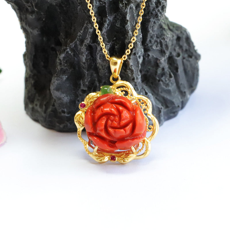 Baoshan Nanhong Agate Peony 925 Silver Pendant — No Chain