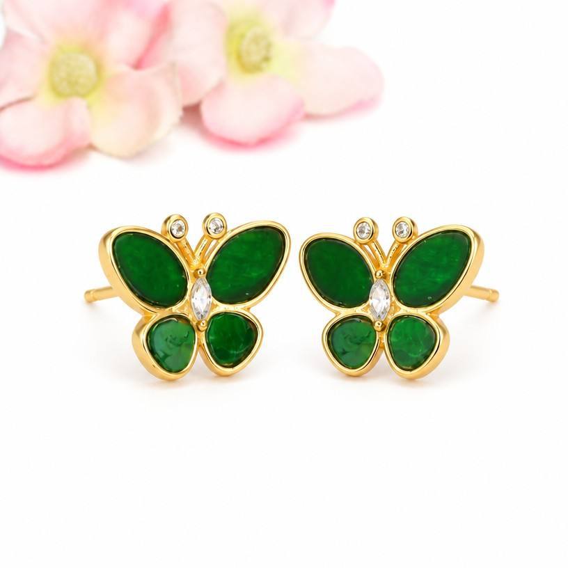 Green Jadeite Butterfly 925 Silver Stud Earrings