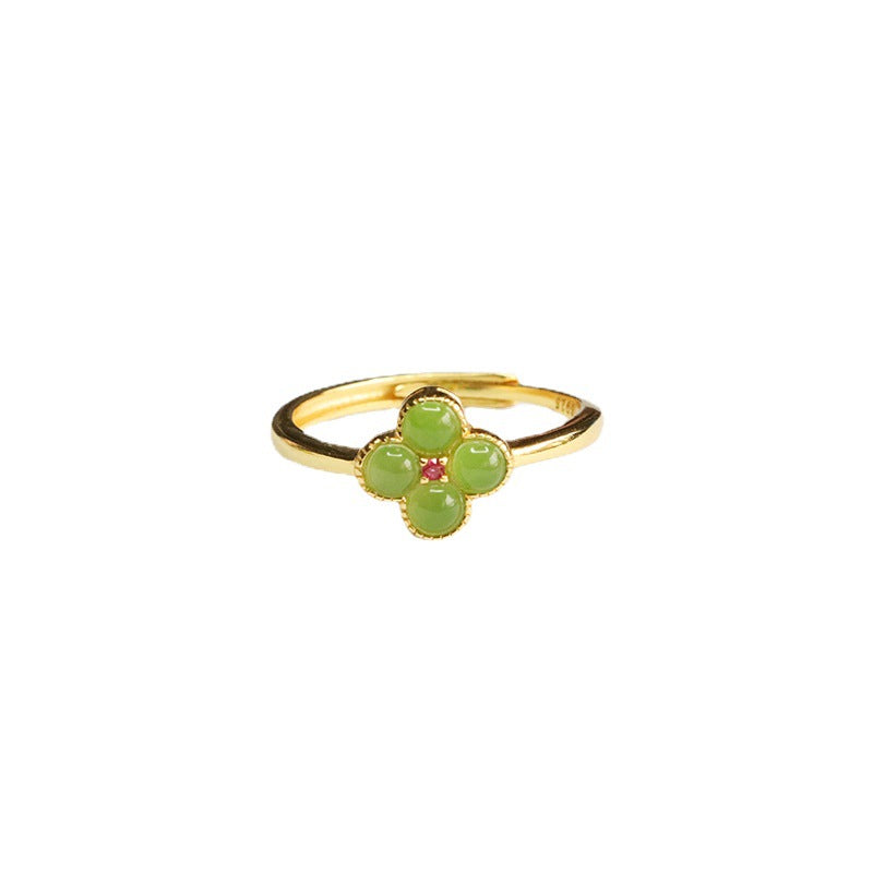 Fortune's Favor S925 Silver Natural Hotan Jade Four Leaf Clover Jasper Ring