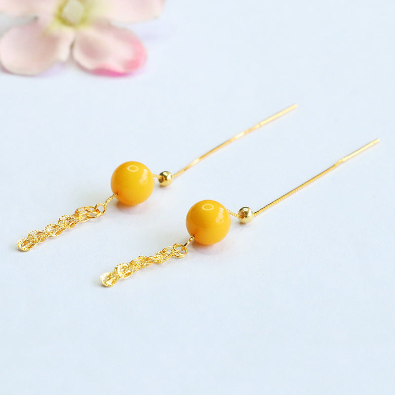 Yellow Beeswax Amber Wheat & Phoenix-Tail Threader Earrings
