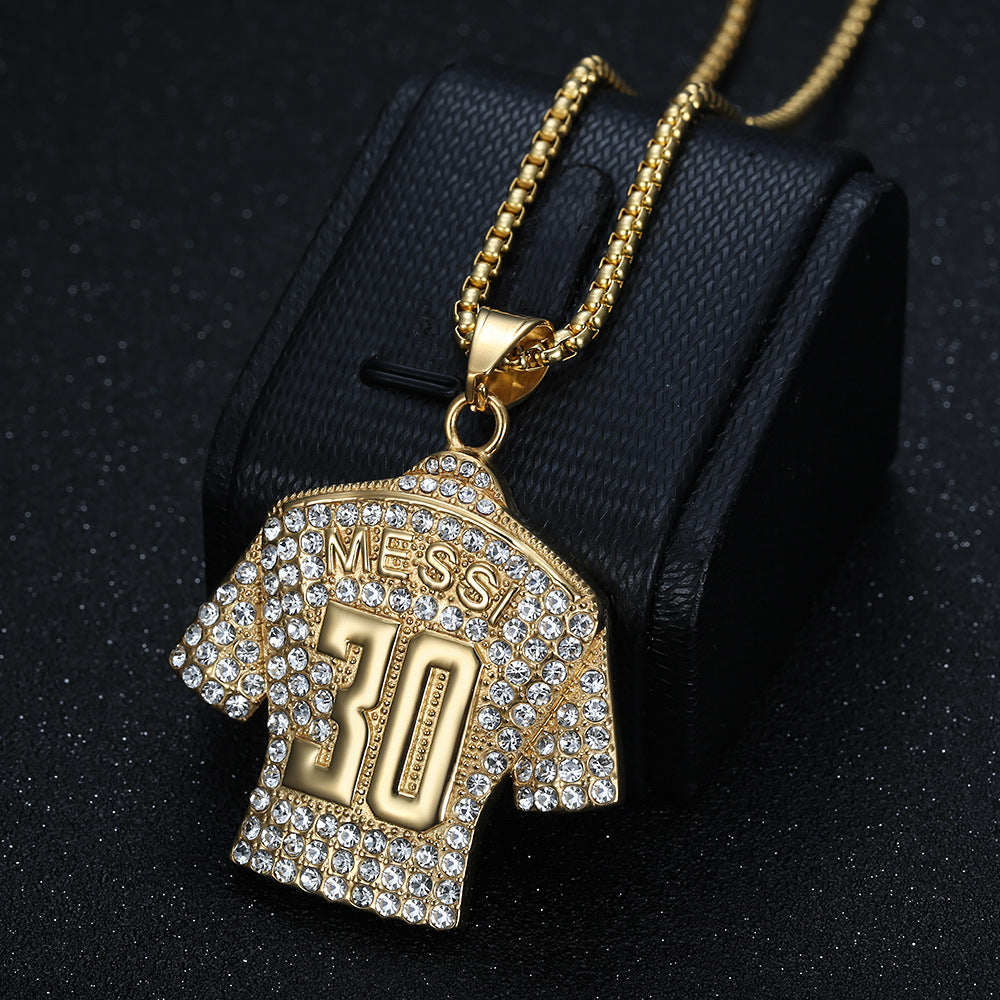 Planderful Football Jersey Pendant No 30 Titanium Steel Gold Plated Zircon Unisex Statement Necklace