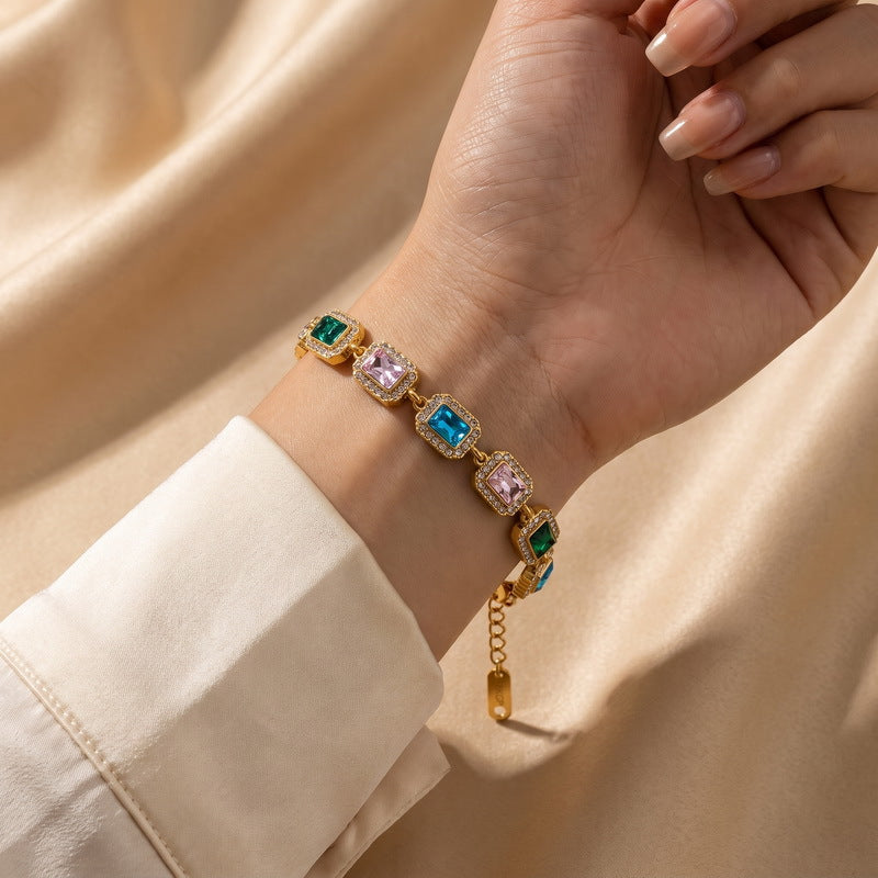 Color Surrounding Square Zircon Stainless Steel Bracelet Palace Style Adjustable