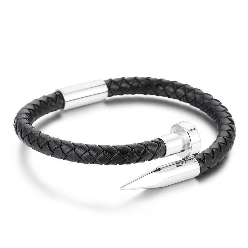 Cowhide Woven Stainless Steel Nail Bracelet – Men's Magnetic Buckle Leather Bracelet