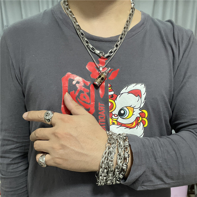 Stylish Titanium Steel Skull Wine Bottle Pendant Necklace for Men