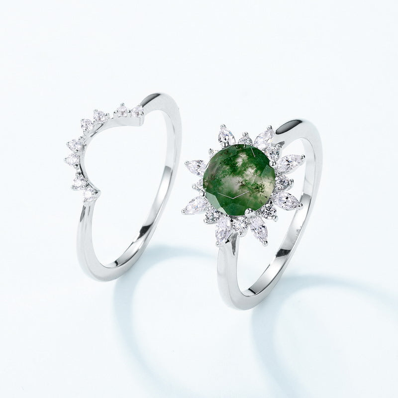 S925 Sterling Silver Moss Agate Sunflower Ring