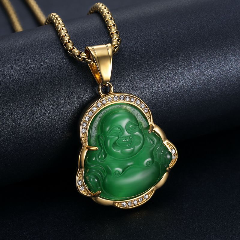 Planderful Maitreya Buddha Pendant Necklace Stainless Steel Gold Plated Zircon Opal Hip Hop Style For Men Women