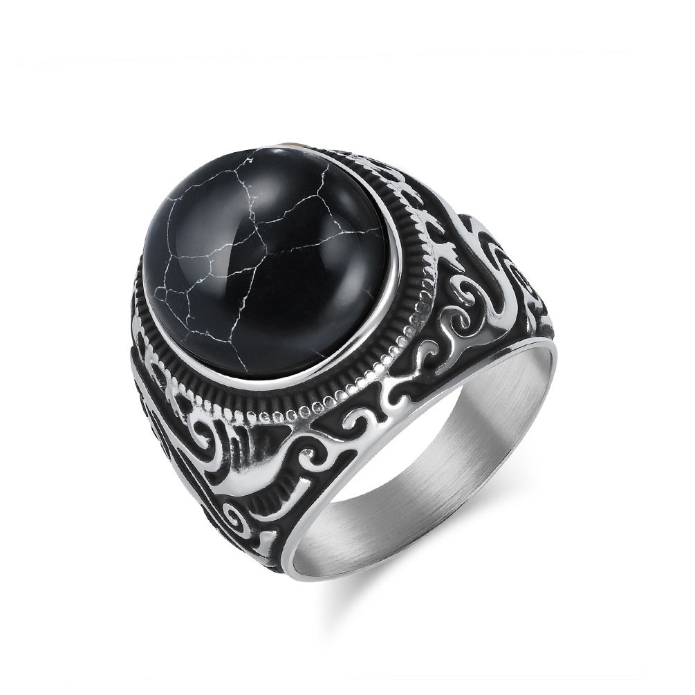 Planderful Mens Titanium Steel Ring With Tiger Eye Gem Retro Engraved Bold Statement Jewelry