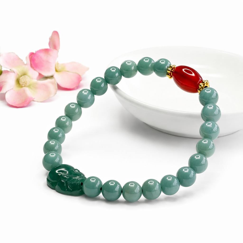 Blue Water Jadeite Pixiu & Barrel Bead Beaded Bracelet