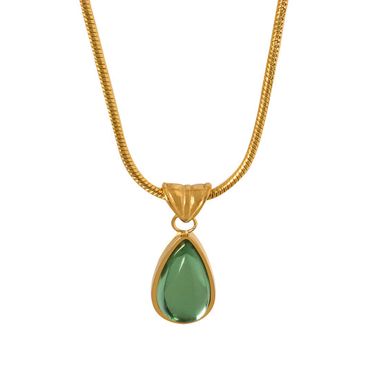 Elegant Olive Green Drop Pendant Necklace with Unique French Flair