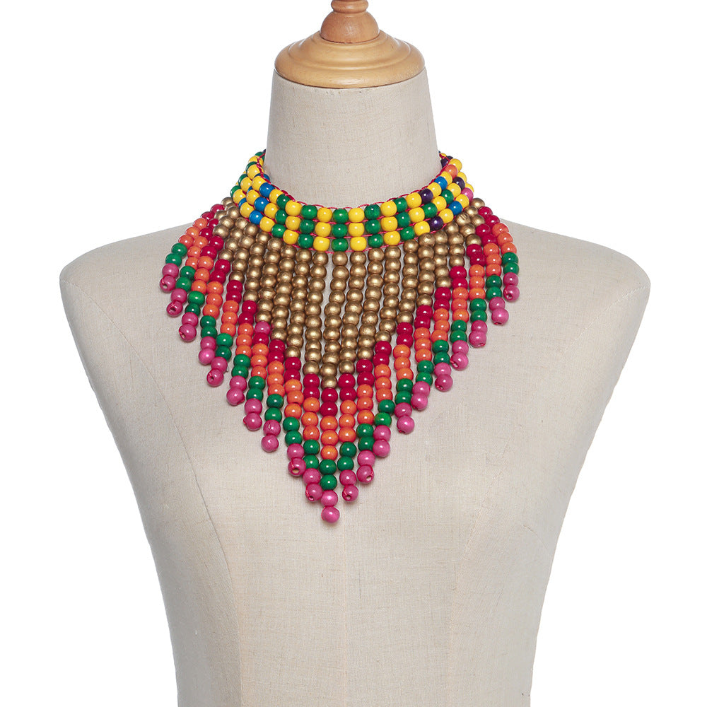 Savanna Rhythms Exotic Wood Bead Necklace with Tassel Triangle Scarf Design Shawl Chain Oversized Accent Necklace