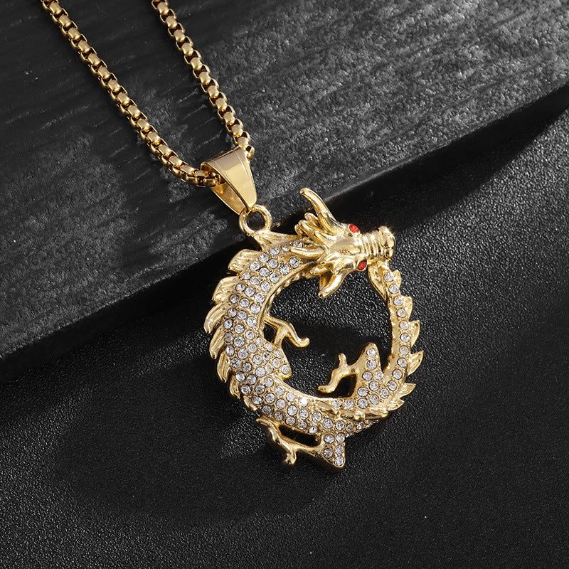 Planderful Dragon Pendant Necklace Titanium Steel Gold Plated Zircon For Urban Hip Hop Fans