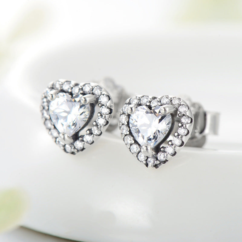 Sterling Silver Heart-Shaped Zircon Earrings with Micro-Inlay