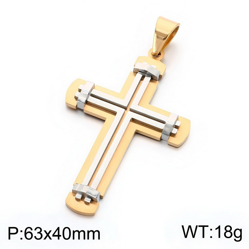 Hip-Hop Style Retro Rock Double-Layer Rivet Splicing Cross Titanium Steel Pendant Men's Color Necklace