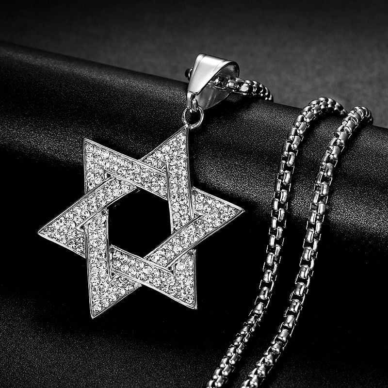 Planderful Iconic Star Of David Hexagram Pendant Necklace Stainless Steel With Zircon Crystals For Hip Hop Jewelry Fans