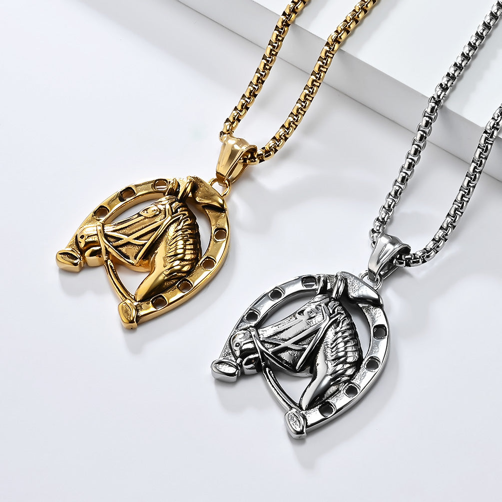 Cross-Border Retro Horseshoe Horse Head Titanium Steel Necklace